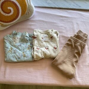 Uniqlo Disney pajamas set- 2 tops and a bottom- bambi and winnie the pooh